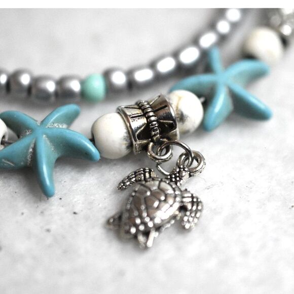 Beachy Blue/Silver Tone/White Double Beaded Turtle Charm 8 Inch Anklet Bracelet - Picture 2 of 4
